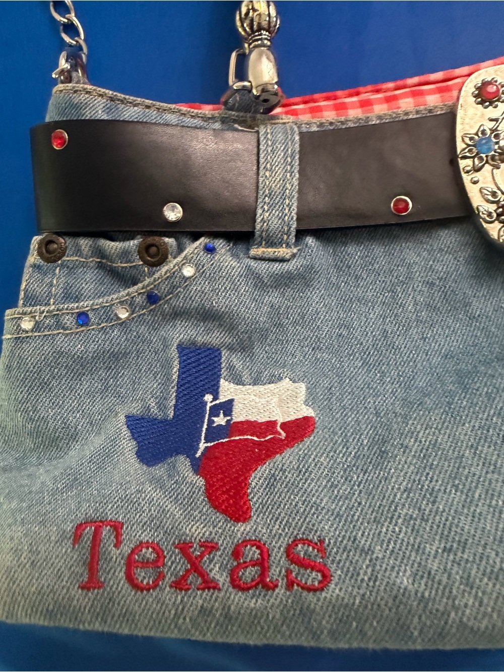 ABJ Jeans Texas Denim Western Shoulder Bag | Beaded Handle | Chain Strap | Embro - Picture 3 of 9